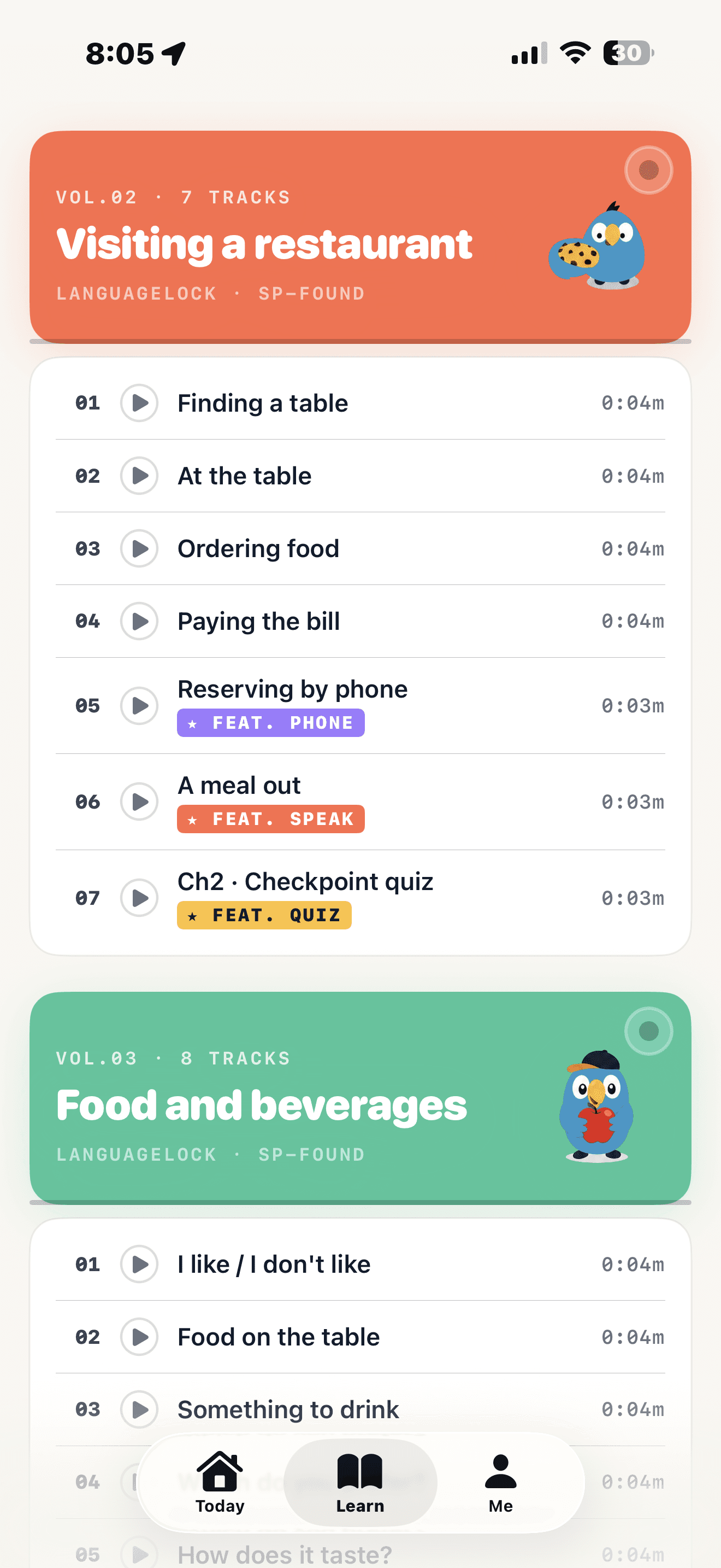 The LanguageLock app's lesson list β volumes such as 'Visiting a restaurant' and 'Food and beverages', each with short audio tracks and feature badges.